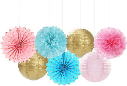 Pink Blue-Gold Party-Decorations Streamers Lanterns - 14pcs Gender Reveal Boy or Girl Birthday Paper Lanterns Fan,Tissue Pom Poms Streamer, Honeycomb Balls Decor