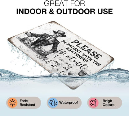 Heuhuww Funny Retro Bar Metal Sign,Please Be Patient With The Bartender Gothic Themed Wall Decor Sign for Man Cave Vintage Pub 8"x12"(H30)