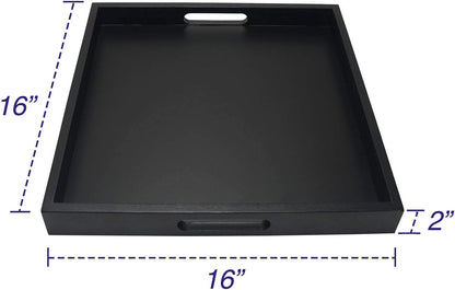 Square Wood Serving Tray with Handle, Ottoman Decorative for Home, 16x16 inches Black