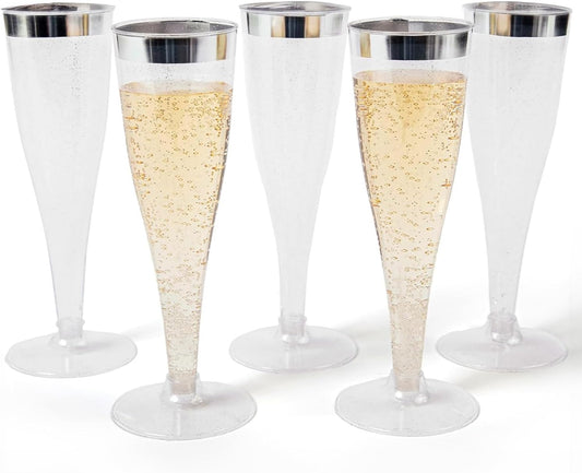 Prestee Set of 24 Silver Glitter Plastic Champagne Flutes - 4.5 oz Capacity - Shatterproof Durable Disposable Glasses - Elegant Design - Ideal for Weddings, Cocktail Parties, and Outdoor Celebrations