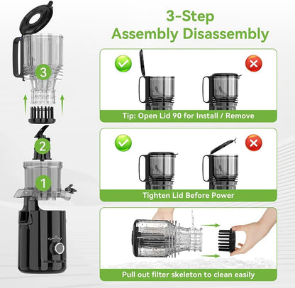 Cold Press Juicer - 5.3" Large Feed Chute Juicer Machines for Whole Vegetables & Fruits, 99% High Juice Yield, Quiet & Easy to Clean Slow Masticating Juicer, BPA-Free, Preserves More Nutrients (Black)