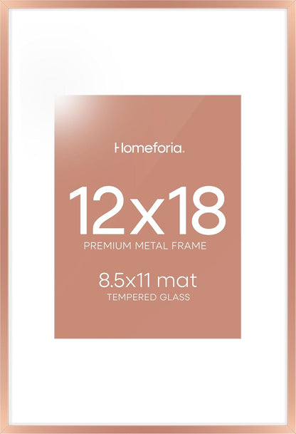 Homeforia 12x18 Picture Frame Rose Gold, High End Metal 12x18 Poster Frames with Mat 8.5x11 in Photo, 12 x 18 Rose Gold Frame Matted to 8.5 by 11 Print, 18x12 Frame, Tempered Glass, Wall Kit, Set of 1