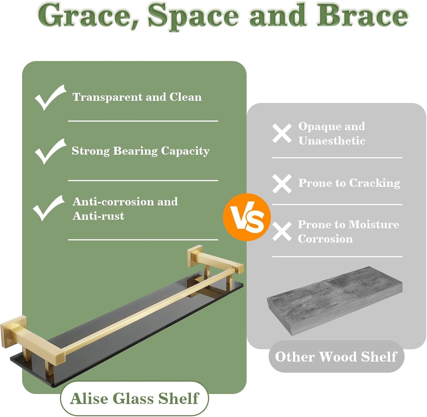 Alise Bathroom Shelves,Gold Glass Shelf for Bathroom, Modern Floating Shelves,20 inch