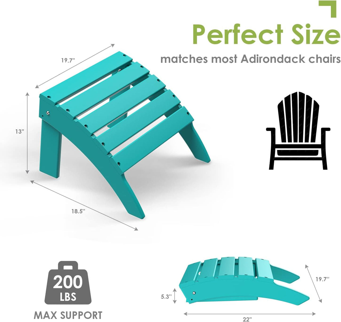 GREENVINES Adirondack-Ottoman | Set of 2 | HDPE Plastic | Outdoor Footrest | All Weather | Foot Rest | Foot Stool | Aqua | for Adirondack Chair | for Patio Backyard Pool