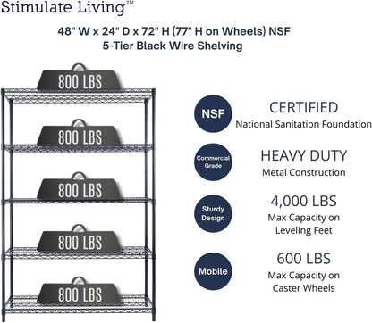 48"x24"x72" Prime Heavy Duty Black 5-Tier Steel Wire Shelving NSF 4000 LBS MAX Capacity Storage Rack for Commercial, School, Home, Garage, Warehouse, Industrial, and Hospital Uses (with Wheels)