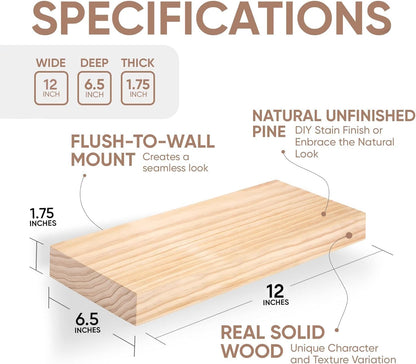 Homeforia Wood Floating Shelf 12 inch, High End Solid Natural Wood 12inch Floating Shelves for Wall Mounted, Unfinished Small Wooden Floating Shelves, Heavy Duty Bracket, 12 X 6.5 X 1.75 in, Set of 2