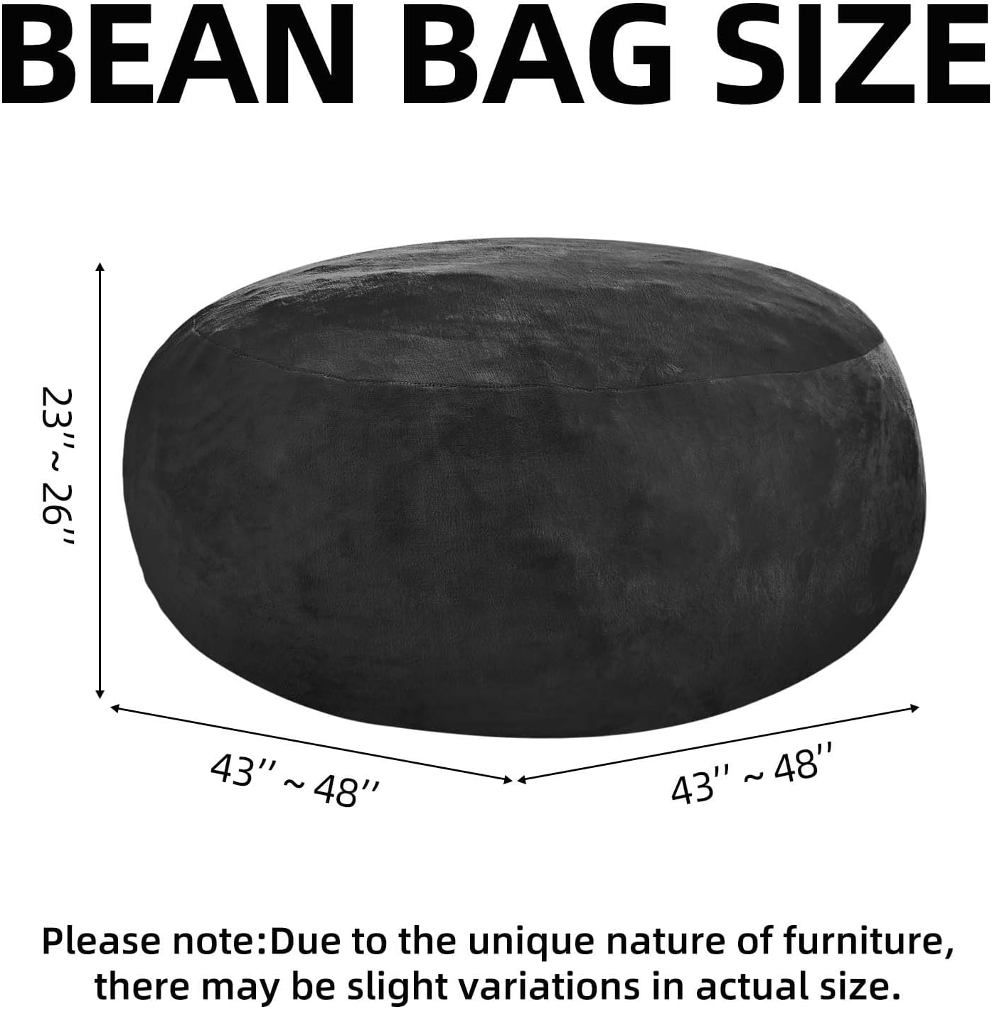 Bean Bag Chair 4Ft, Memory Foam Filled, Large Beanbag Chairs for Adults and Teens, Soft Sofa with Removable Flannel Cover, Round Couch for Living Room Bedroom College Dorm (Black, 4FT-47×47"×24")