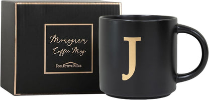 COLLECTIVE HOME - Monogram Ceramic Mugs, 15 oz Golden Initial Black Coffee Cups, Elegant Alphabet Tea Mugs, Elegant Personalized Mug with Gift Box, Unique Mug with Double Side Capital Lette (J)