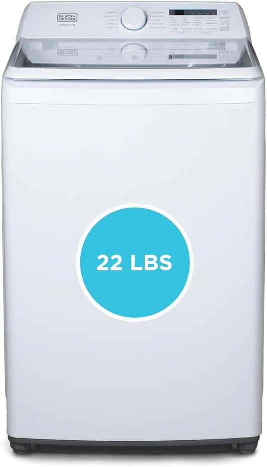 BLACK+DECKER 4.1 Cu. Ft. Top Loading Washing Machine with Agitator, Full Size Washing Machine with Glass Lid and Stainless Steel Tub, Machine with LED Display, 10 Wash Cycles, 120V, BTLW41MW, White