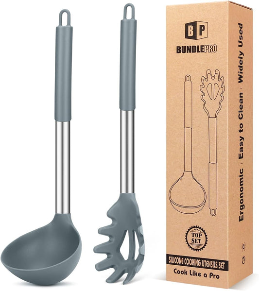 Silicone Pasta Fork and Ladle Spoon Set, Large Non Stick Kitchen Utensils for