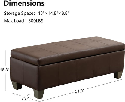 51 Inch Brown Faux Leather Ottoman with Storage, Rectangular Extra Long Bench, End of Bed Bench with Large Storage for Bedroom, Living Room