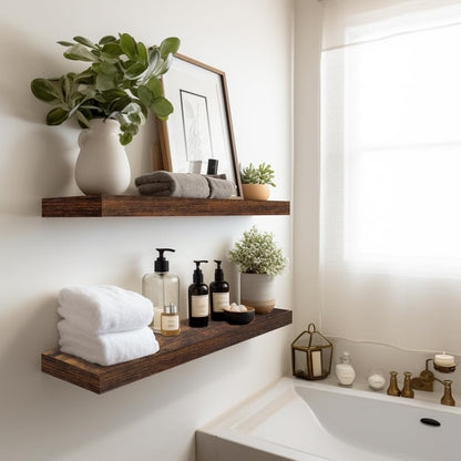 LaVie Home Floating Shelves, 24 Inch Wall Shelf Set of 2, Hanging Shelf with Invisible Brackets, Wall Decor for Bathroom, Bedroom, Living Room, Kitchen Storage, Rustic Brown