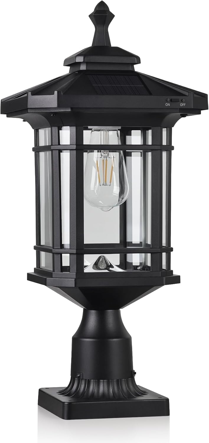 Kemeco Solar Post Light Outdoor, ST4338Q Dusk to Dawn Post Lamp Solar Powered with Pier Mount Base for Pole Pillar Gates Yard Garden Pathway