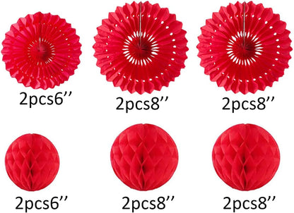 12pcs 6'' 8'' Red Honeycomb Balls Tissue Paper Fans Party Honeycomb Ball Fans Wall Decor Tissue Pom Poms Flower Balls Hanging Paper Fans for Party Baby Shower Birthday Wedding Nursery Decor(red kit)
