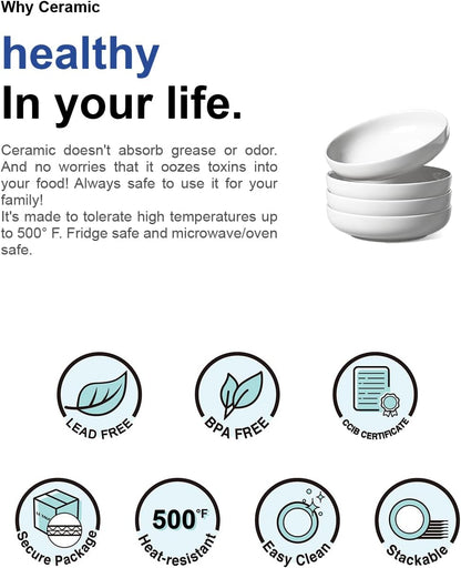 LE TAUCI Pasta Bowls 32 oz, Salad Bowls Set for Serving Soup, Pasta, Noodle, Dinner, Large Kitchen Bowl Plates, Microwave Safe - 7.8 Inch, Set of 4, White