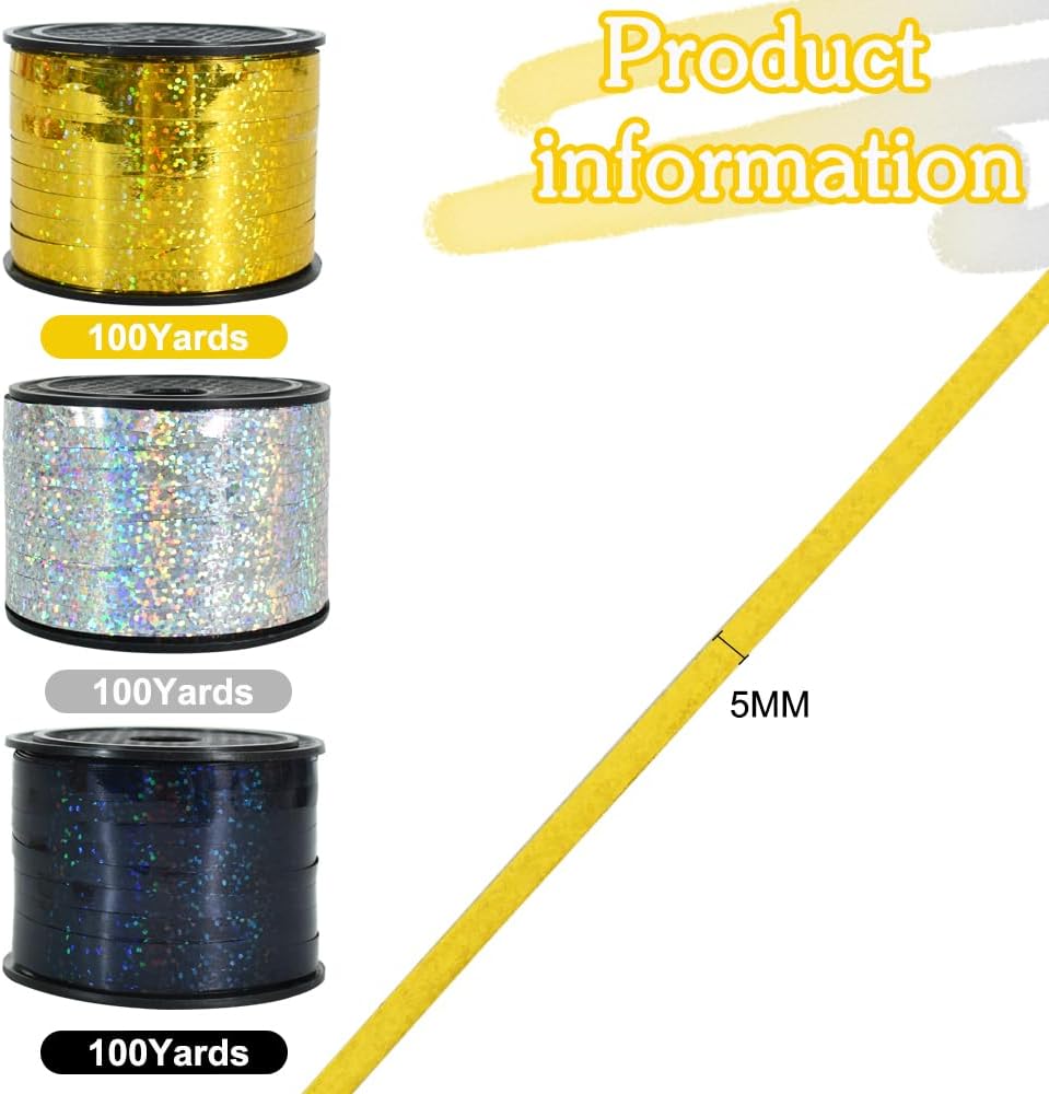 BEISHIDA 3 Pack 100 Yards Gold Silver Black Curling Crimped Glitter Ribbon Balloon String Shiny Metallic Gift Wrapping Ribbon Birthday Party Festival Art Craft Decor Florist Flowers Decoration