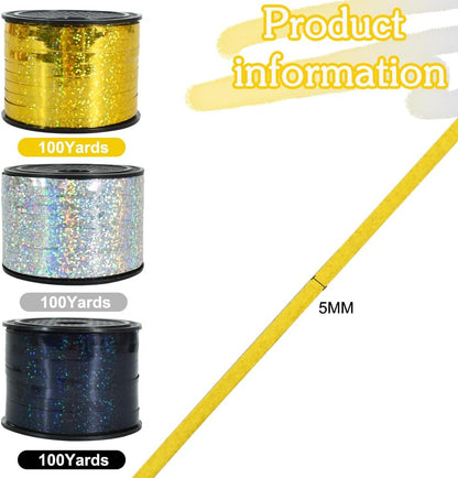 BEISHIDA 3 Pack 100 Yards Gold Silver Black Curling Crimped Glitter Ribbon Balloon String Shiny Metallic Gift Wrapping Ribbon Birthday Party Festival Art Craft Decor Florist Flowers Decoration