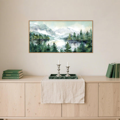 Celestdeco Watercolor Mountain Framed Canvas Wall Art Set, Boho Forest Wall Decor, Nature Green Pines Wall Painting, Forest Wilderness Artwork for Living Room, Bedroom, Dining Room, Office - 20"x40"x1