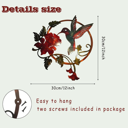 Zoihet Round Metal Bird Wall Art Decor - Hummingbird Wall Art Silhouette for your patio, garden, and fence Art Decor, Bird Wall Silhouette Indoor and Outdoor Hanging (Red)
