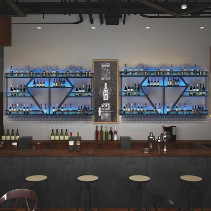 Wall Mounted Wine Rack with Glass Holder, 3-Tier Metal Storage Shelf, Black Diamond Design, Wine Bottle Display with Stemware Storage (Black, 94.48in/240)