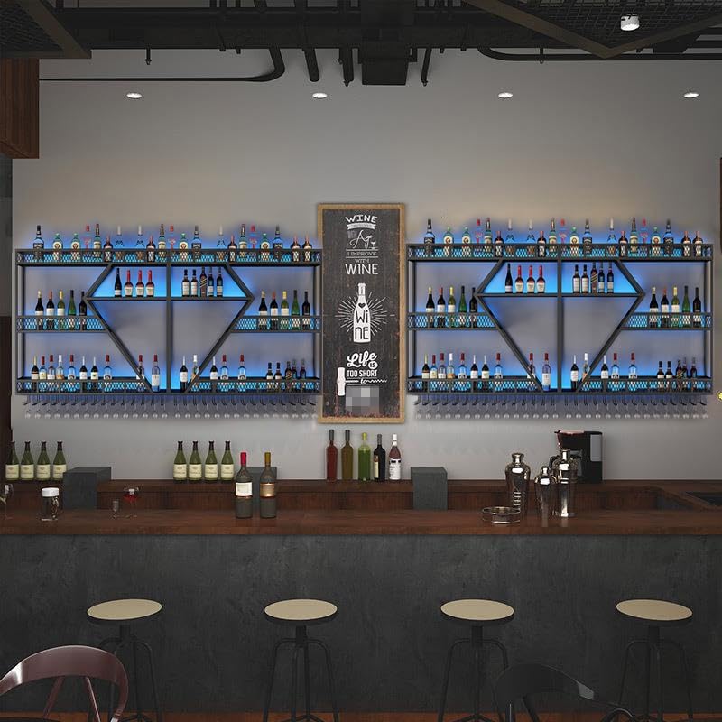 Wall Mounted Wine Rack with Glass Holder, 3-Tier Metal Storage Shelf, Black Diamond Design, Wine Bottle Display with Stemware Storage (Black, 31.49in/Left)