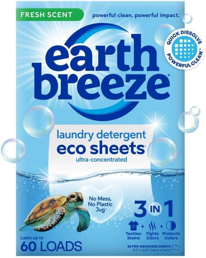 Earth Breeze Laundry Detergent Sheets Fresh Scent - 60 Loads Eco Liquidless Soap - Travel-Friendly for Hot & Cold Cycles, Tackles Tough Stains & Odors - Gentle on Skin, 30 Ct