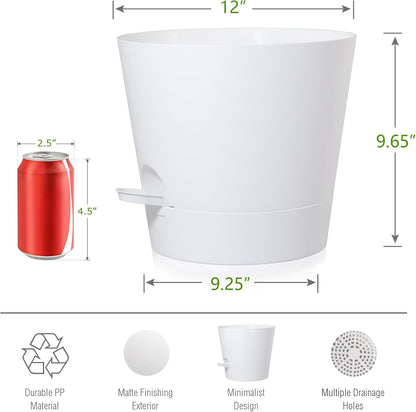 Self Watering Pots for Indoor Plants,12 inch Planters with Drainage Holes Plastic Flower Pots with Deep Reservoir, White