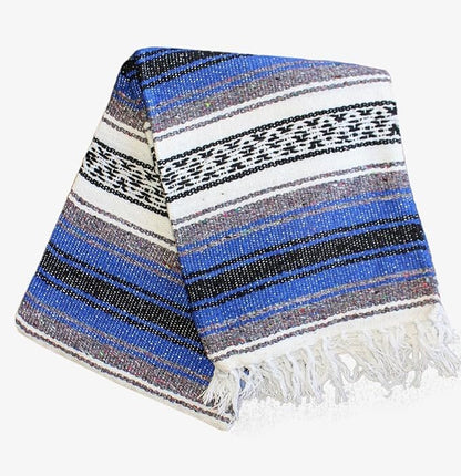 Del Mex Classic Mexican Blanket, Large Authentic Woven Falsa Throw (70"x50"), Artisan Southwest Décor for Beach, Yoga, Outdoors (Blue)