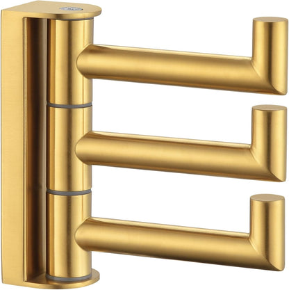 Angle Simple 3 Arms Towel Hook Brushed Gold, 304 Stainless Steel Swivel Triple Towel Holder, Folding Bathroom Hook, Wall Mount