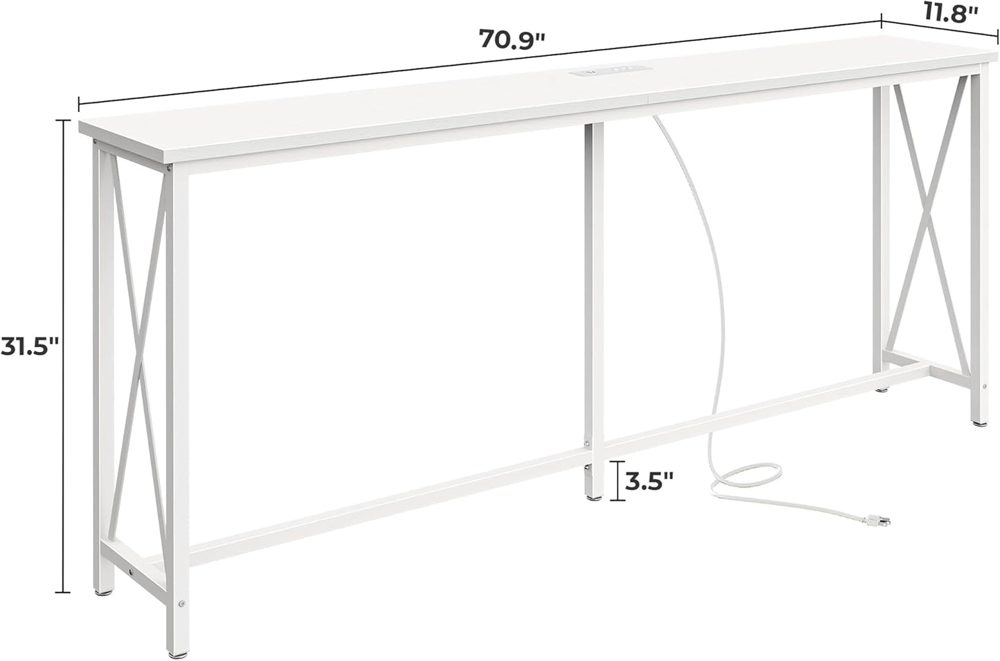 SUPERJARE 70 Inch Console Table with Outlets and USB-C Port, Extra Long Behind Couch Sofa Table with X-Shaped Design, Narrow for Entryway, Living Room, Metal Frame, Wooden Top, White