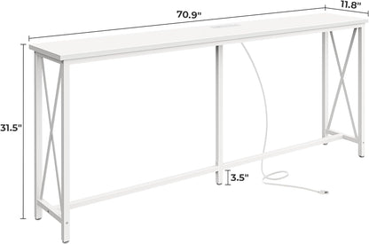 SUPERJARE 70 Inch Console Table with Outlets and USB-C Port, Extra Long Behind Couch Sofa Table with X-Shaped Design, Narrow for Entryway, Living Room, Metal Frame, Wooden Top, White