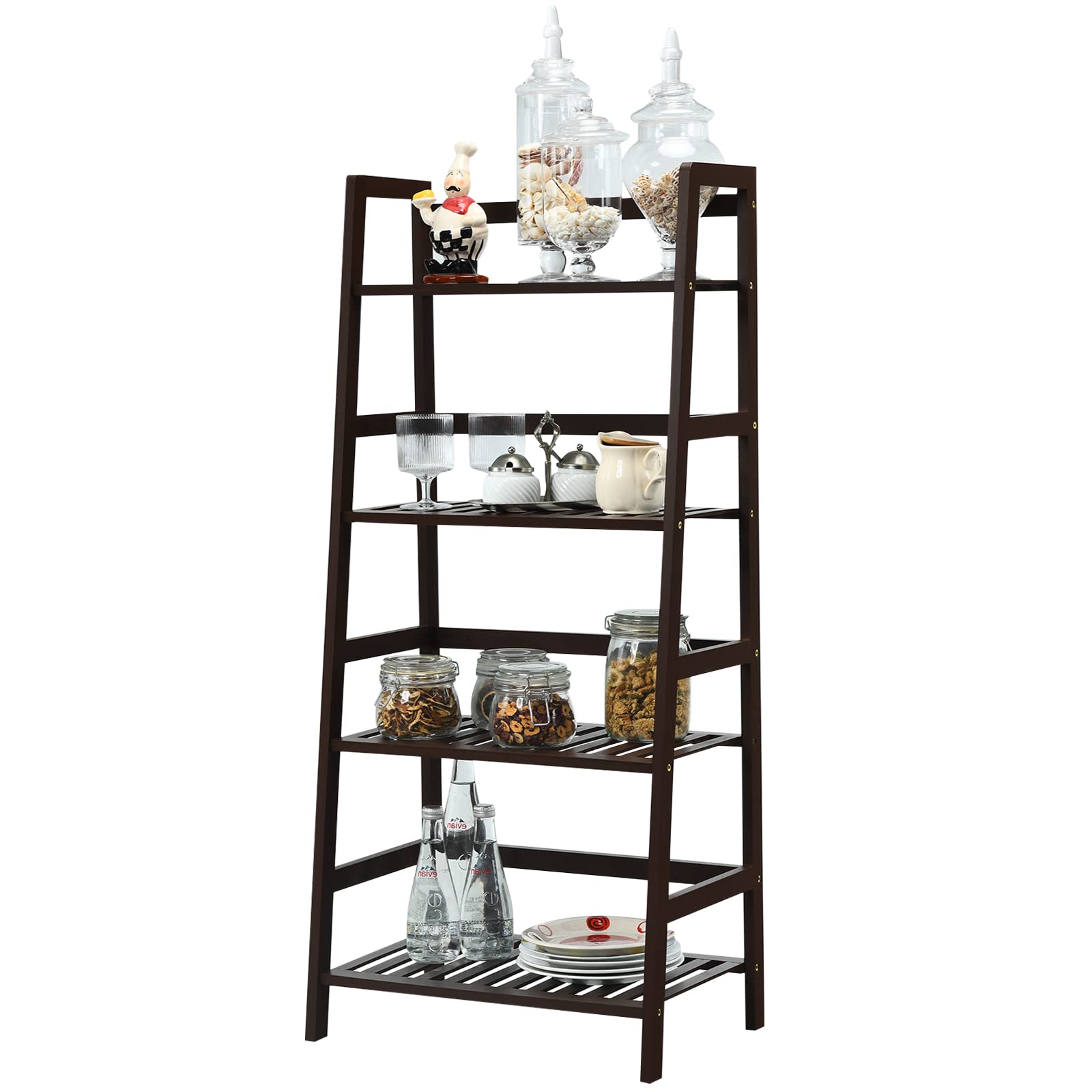 COSTWAY 4-Tier Ladder Shelf, Bamboo Plant Stand Rack, Freestanding Bookshelf, Multifunctional