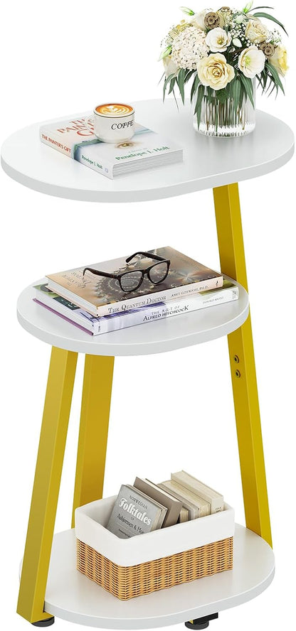 Side Table, Small End Table with Metal Frame, 3-Tier Bedside Tables, Round Side Tables for Living Room Bedroom Couch Bathroom, Oval, White