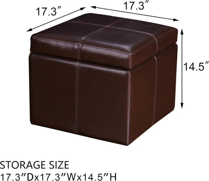 Adeco 17.7" Leather Cube Storage Brown Ottomans for Living Room