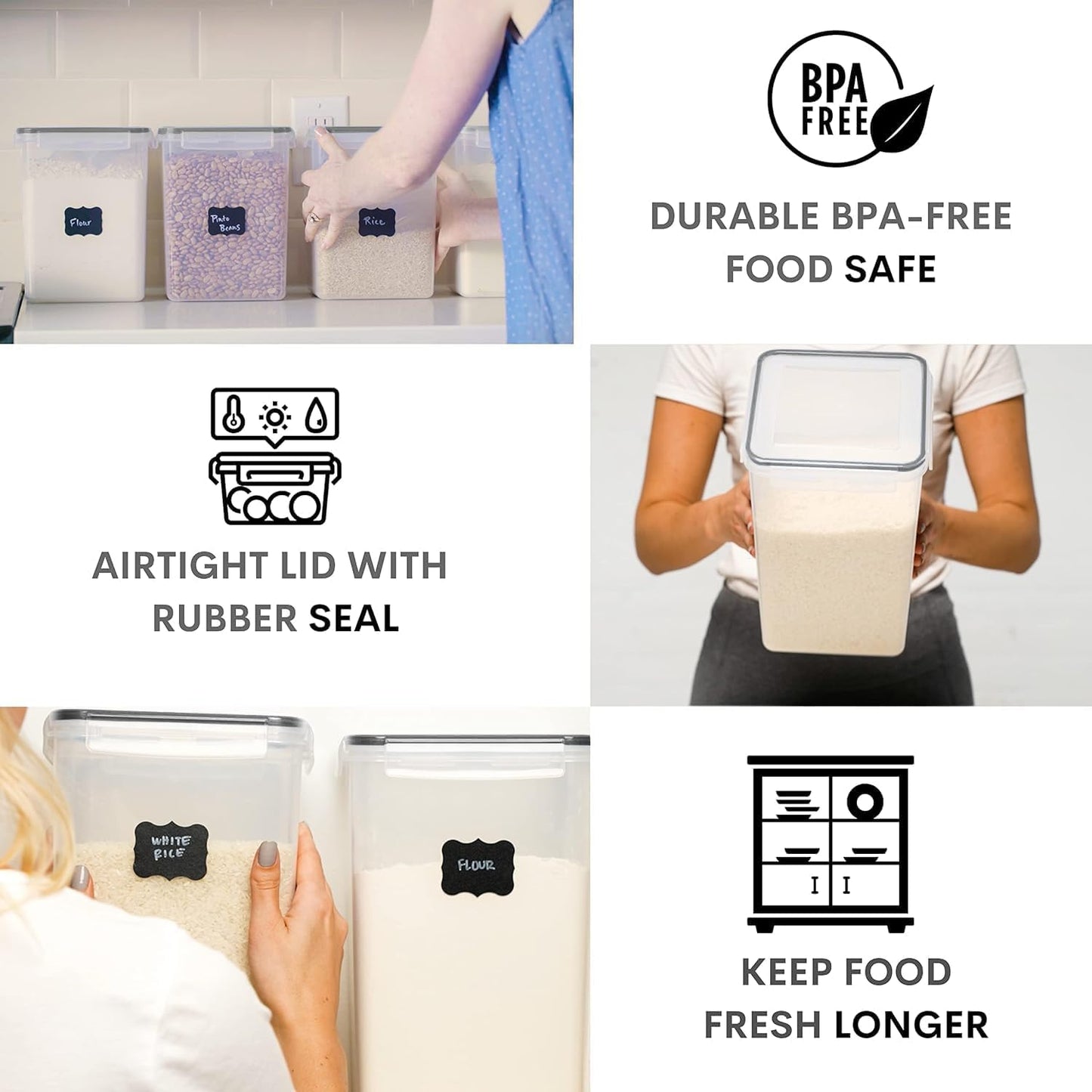 WHITE FEATHER SUPPLIES 4 Pc Flour Sugar Storage Container, Large Food Storage Containers with Lids Airtight for Kitchen, BPA Free Plastic Cereal Containers Storage [2 X 6.5 + 2 X 5.2] 4 Measuring Cup