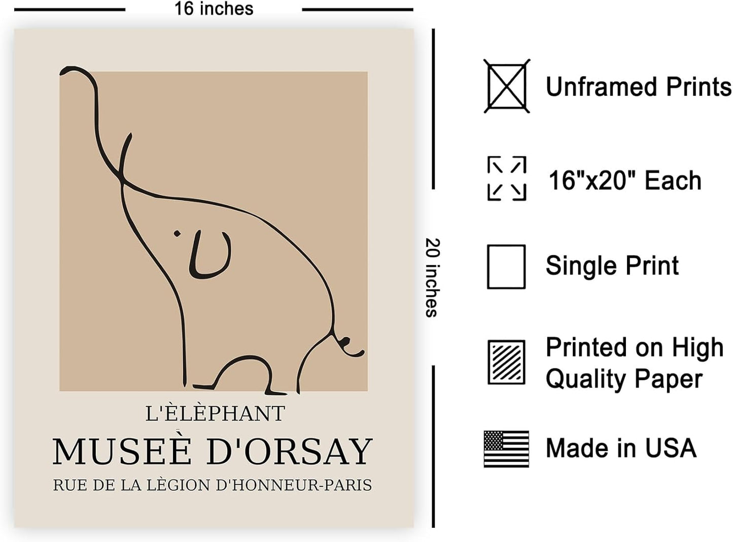 Poster Master Vintage Poster - Retro Elephant Print - Line Drawing Art - Sketch Wall Art - Gift for Boys & Girls - Cute Wall Decor for Bedroom, Kid's Room or Nursery - 16x20 UNFRAMED Wall Art