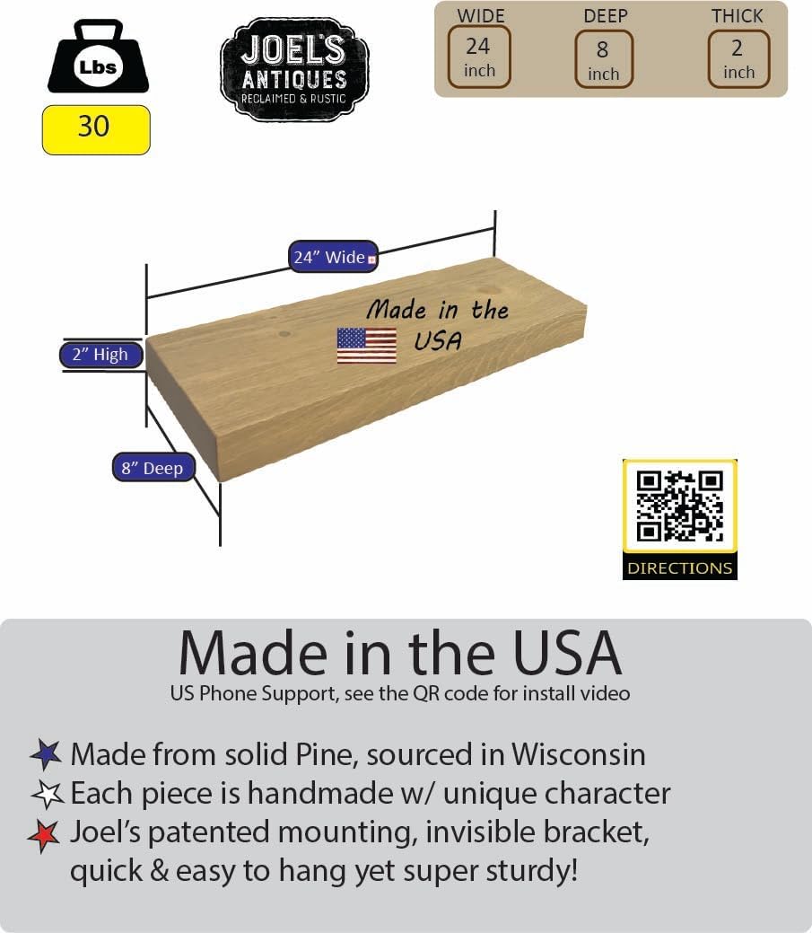 joelsantiques 24 Inch Wooden Floating Shelves for Wall - 24x8x2 in - Made of Natural Wood - Short Heavy Duty Rustic Wall Shelves for Bedroom - Perfect for Living Room, Kitchen - Beige