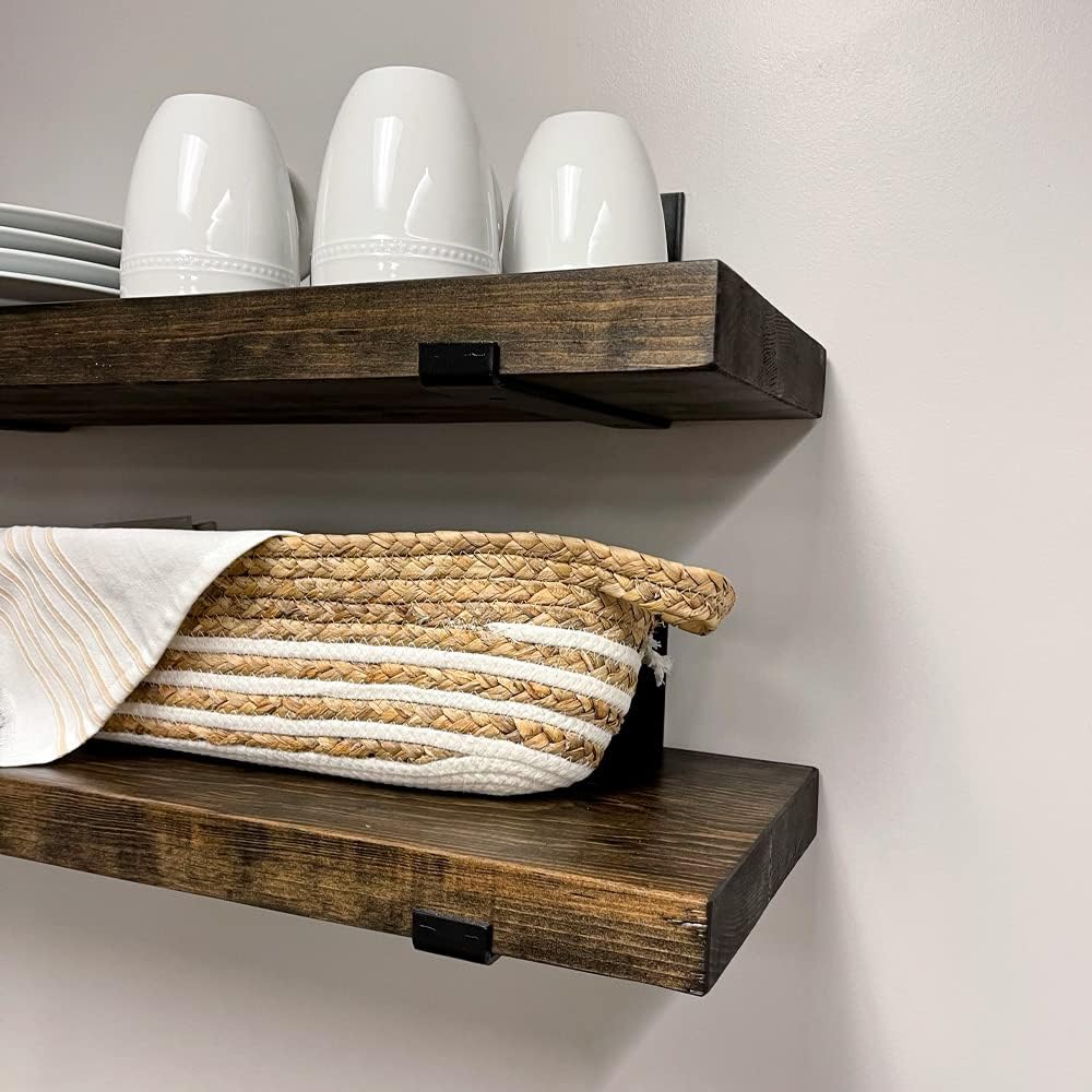 Rustic Shelves with J-Brackets Set of 2, Industrial Shelf, Kitchen Shelves, Solid Wood, Decorative Wall Storage, Heavy Duty, URBANDI (Dark Brown, 24Wx10D)