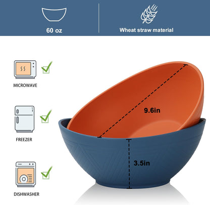 65oz Big Salad Bowls - Large Wheat Straw Bowls set of 6 - Unbreakable Serving Bowls - Microwave & Dishwasher Safe Bowl for Cereal,Salad - Vibrant Series