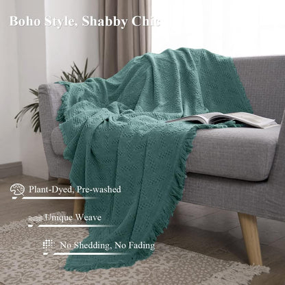 Simple&Opulence 100% Cotton Throw Blanket for Bed, Couch, Boho Luxury Geometric Knit Woven Blanket with Tassels Soft Lightweight Cozy Breathable, Vintage Farmhouse Decoration for All-Season(Green)