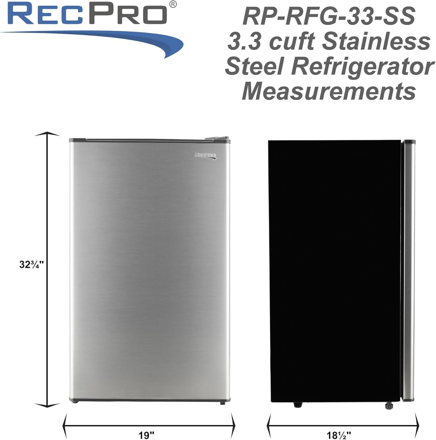 RecPro 3.3 Cu Ft 12V RV Refrigerator | Stainless Steel Frost-Free Fridge with Can Holder | Compact Camper Fridge with Door Storage, 7 Temp Settings | 19”W x 19”D x 32.75”H