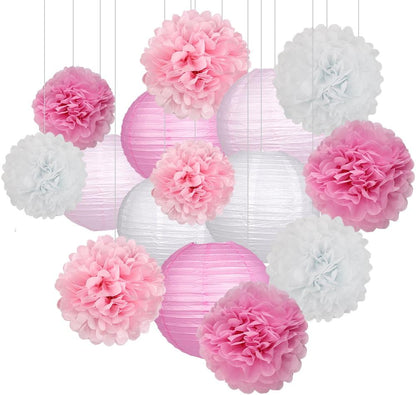 15Pcs Party Pack Paper Lanterns and Pom Pom Balls Hanging Decoration for Wedding Birthday Baby Shower-Pink/White