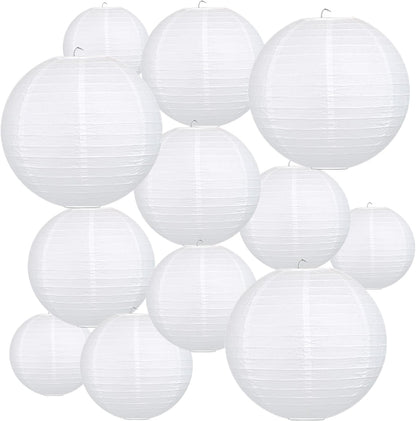 12Pcs Round Paper Lanterns Assorted Sizes (6" 8" 10" 12") for Home Decor, Restaurant, Church, Wedding, Birthday Party Decorations, Hanging Chinese Japanese Paper Lantern Lamps (White)