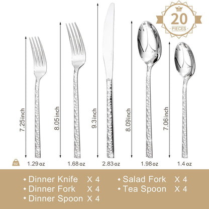 KINGSTONE 20 Piece Hammered Silverware Set, 18/10 Stainless Steel Flatware Set for 4, Cutlery Set for Home, Party, Wedding, Mirror Polished Dishwasher Safe
