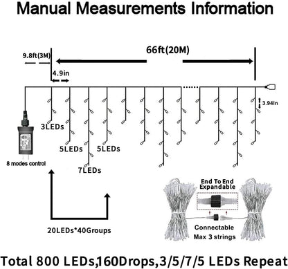 YEGUO 66ft 800 LED Icicle Lights Outdoor, 160 Drops Icicle Christmas Light Connectable, 8 Modes Warm White Xmas Icicle Lights with Memory Timer