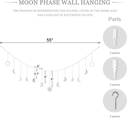 Mkono Moon Phase Wall Hanging Boho Aesthetic Room Decor Metal Moons Garland Hanging Art Bohemian Home Decoration for Girls Room Nursery Bedroom Livingroom Dorm, Ideal, Silver, 55"
