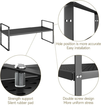 Hole Pattern Expandable Shelf Organizer,1Pack 8.1" Wide Easy to Assemble Cabinet Organizer Shelf, 16.5~27.1" Adjustable Height&Stackable Spice Organization for Cupboard, Black
