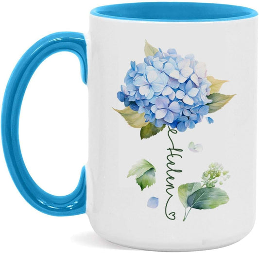 Custom Hydrangea Blossom Design Mug, Personalized Name Blue Flower Coffee Cup, Customized Flower Ceramic Mug For Floral Lover, Hydrangea Decorative Cup 11oz Or 15oz, Gift For Birthday