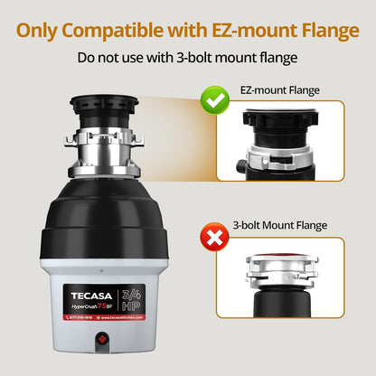 3/4 HP Batch Feed Garbage Disposal, TECASA Stainless Steel Food Waste Grinding System for Kitchen Sink Food Waste, Power Cord Included, Sound Reduction, Grey and Black - HyperCrush 75 BF