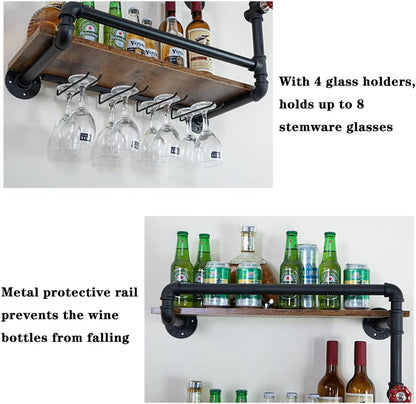 Wine Rack Wall Mounted 2 Tier, Hanging Floating Small Mini Bar Liquor Shelves with Glass Holder Storage Under, Industrial Rustic Pipe Farmhouse Kitchen Decor Black(23.6x10.6x19.7)